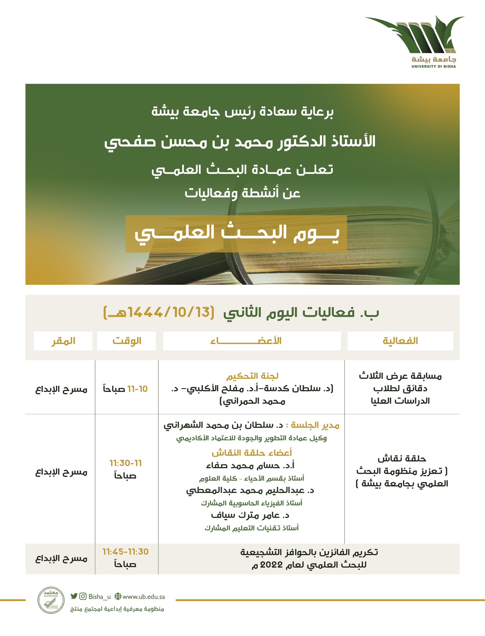 The Deanship of Scientific Research invites you to attend Scientific Research Day - The activities of the second day (Wednesday - 10/13/1444 AH) to announce the winners of the Encouragement Awards for researchers